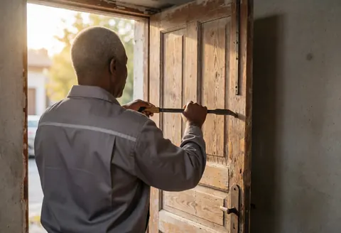 Un professionnel retire une ancienne porte en bois à l'aide d'un levier pour installer une nouvelle porte dans un espace aux murs de béton.
