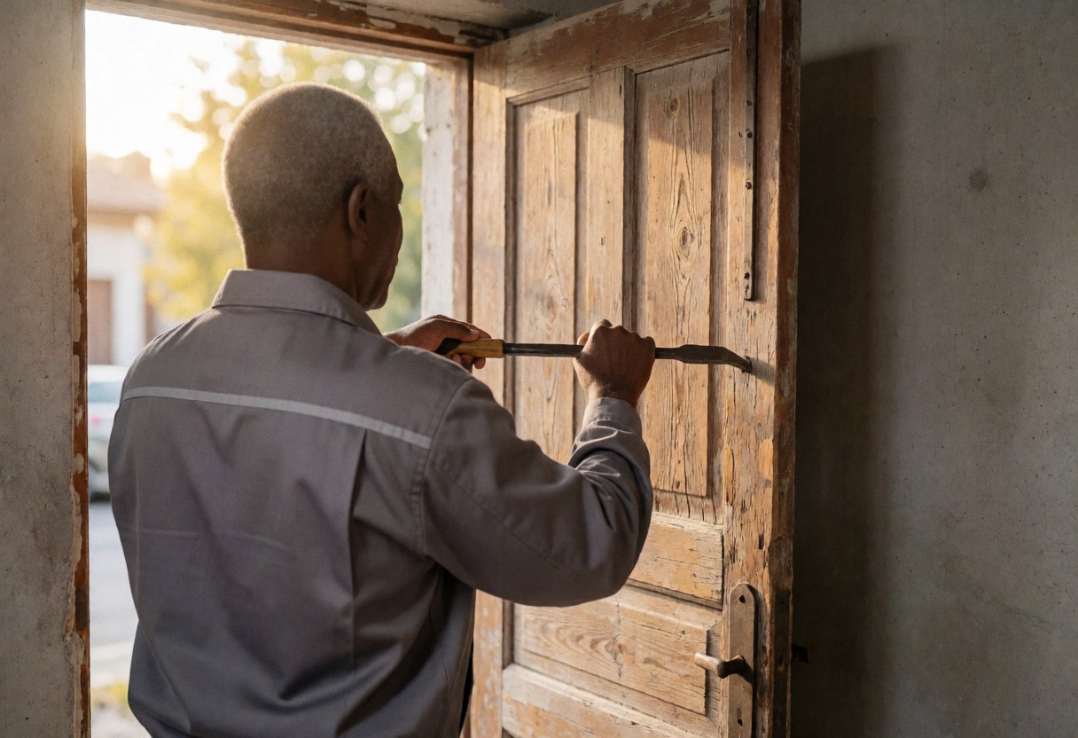 Un professionnel retire une ancienne porte en bois à l'aide d'un levier pour installer une nouvelle porte dans un espace aux murs de béton.