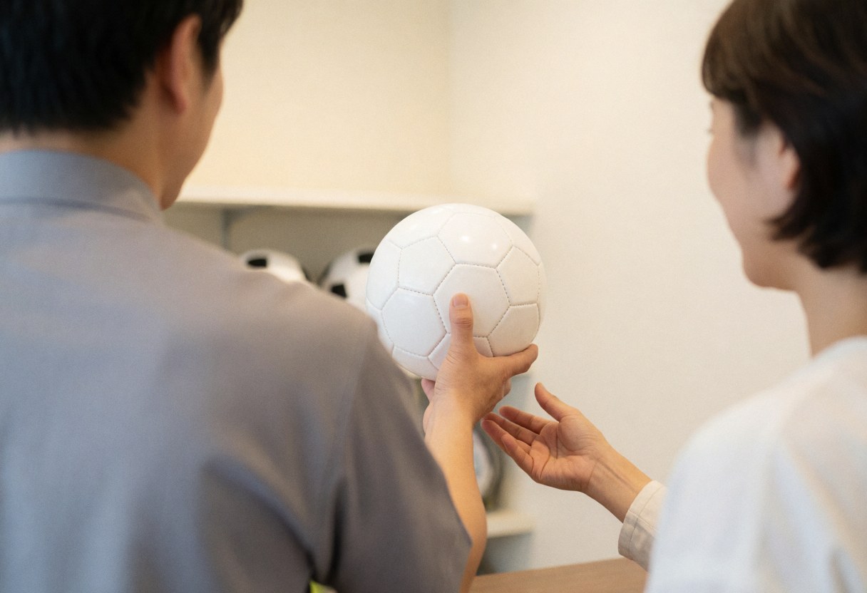 Un employé en uniforme gris tend un ballon blanc à un client dans un magasin de sport avec des étagères d'équipement floues en arrière-plan.