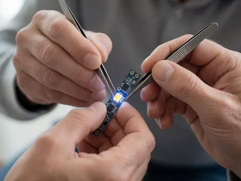 Mains de technicien utilisant des pinces pour inspecter une diode LED endommagée sous lumière UV, montrant un circuit propre et des détails précis.