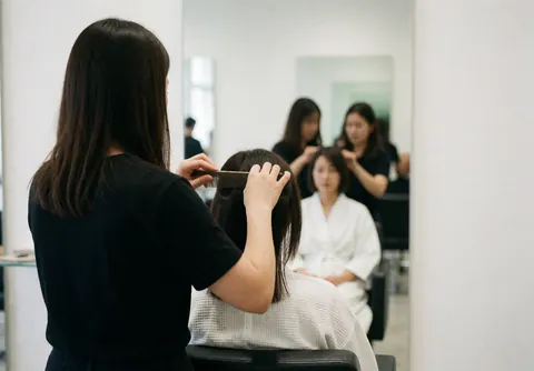 Un coiffeur professionnel utilise une peigne pour séparer les cheveux d'un client assis dans un salon moderne.