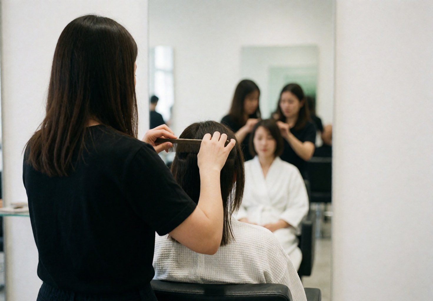 Un coiffeur professionnel utilise une peigne pour séparer les cheveux d'un client assis dans un salon moderne.