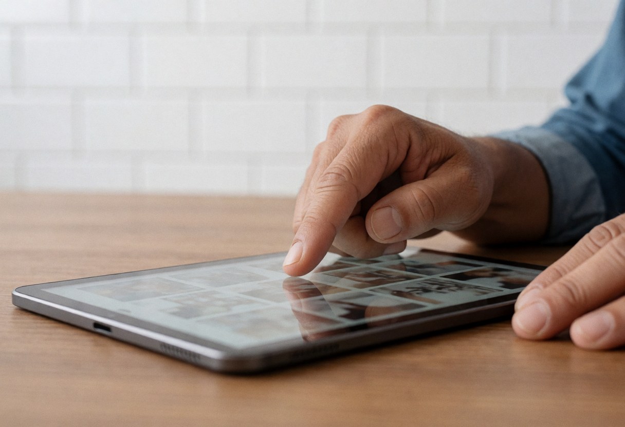 Une main tenant une tablette posée sur un bureau en bois devant un mur blanc carrelé.