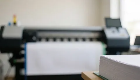 Arrière-plan professionnel mettant en scène une imprimante grand format et une pile de papier, idéal pour des textes commerciaux.