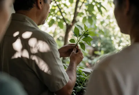 Un instructeur montre l'identification des plantes à un groupe dans un parc écologique avec la lumière du soleil filtrant à travers les arbres, mettant en focus les mains et une plante.