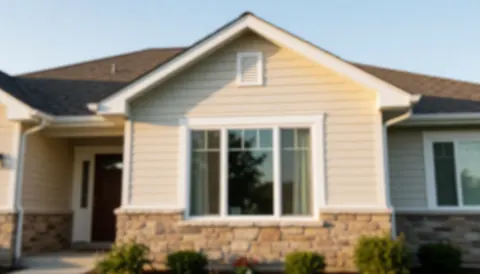 Façade de maison résidentielle avec fenêtre installée, éclairée par la lumière du coucher de soleil, fond flou pour texte.