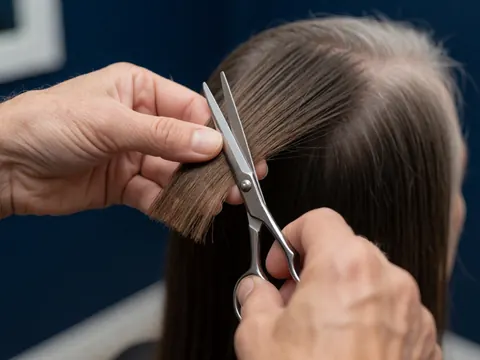 Gros plan détaillé de ciseaux métalliques coupant des cheveux lisses et brillants sur fond bleu sombre, mains d'adulte effectuant une coupe professionnelle.