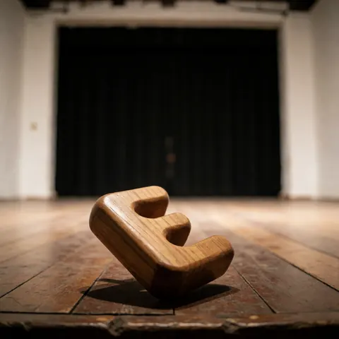Maraca en bois avec la forme d'un E posée sur un sol en bois, devant un fond de rideau sombre et des murs blancs sous un éclairage chaleureux.