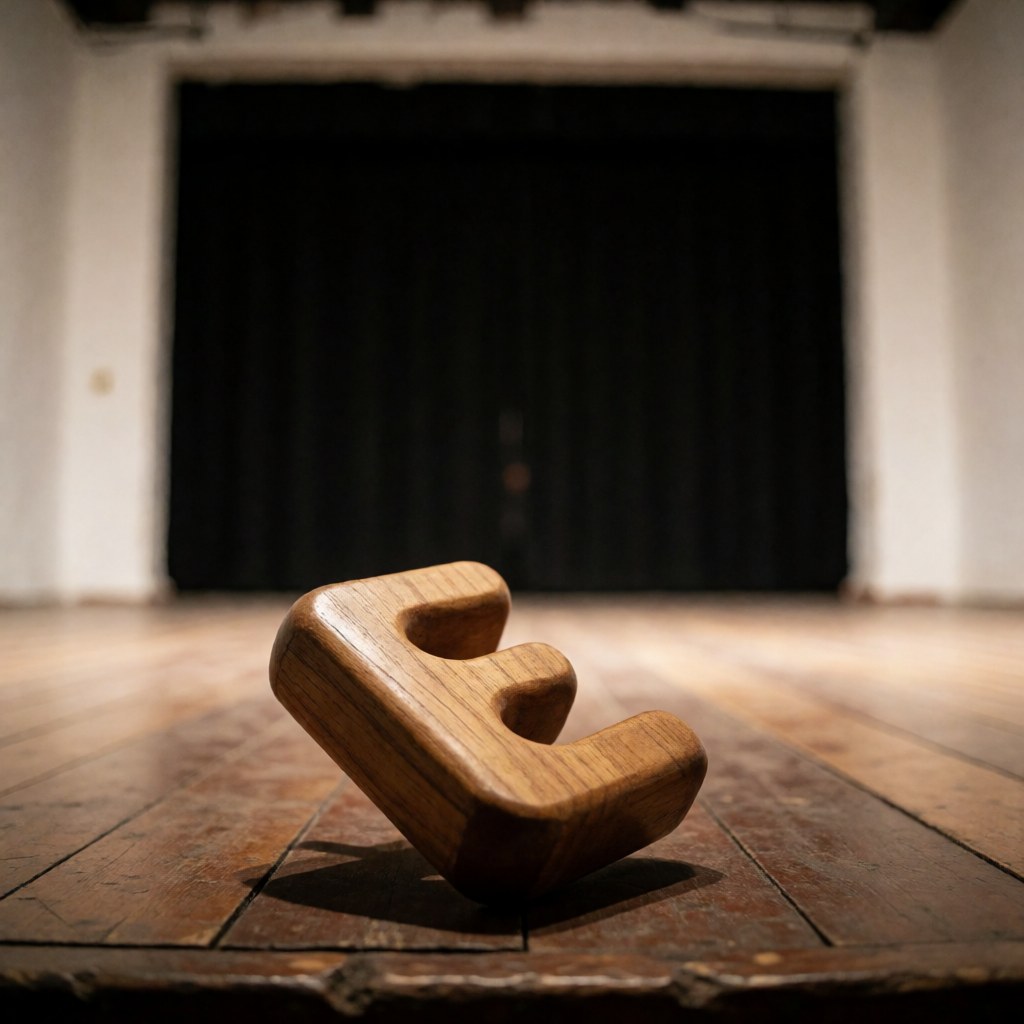 Maraca en bois avec la forme d'un E posée sur un sol en bois, devant un fond de rideau sombre et des murs blancs sous un éclairage chaleureux.
