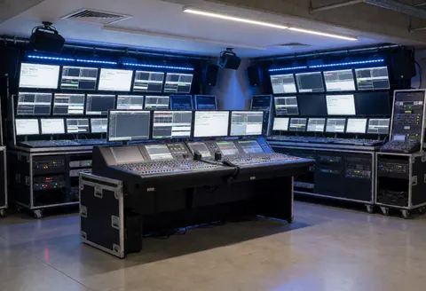 Console de mixage avec faders et boutons, entourée de multiples écrans de contrôle, équipements audio et lumière dans un espace industriel éclairé par des lumières bleues.