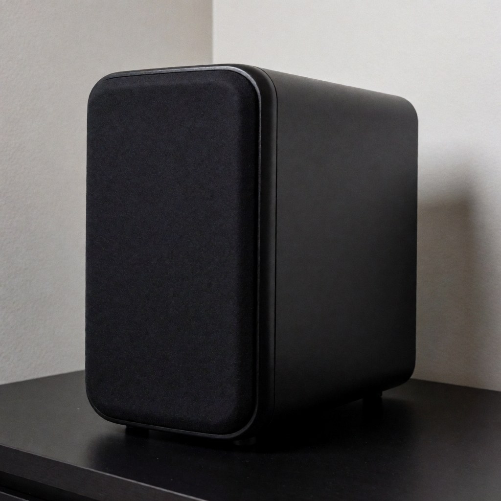 Subwoofer noir à finition mate posé sur une table noire avec des murs gris clair en arrière-plan et un éclairage doux et professionnel.