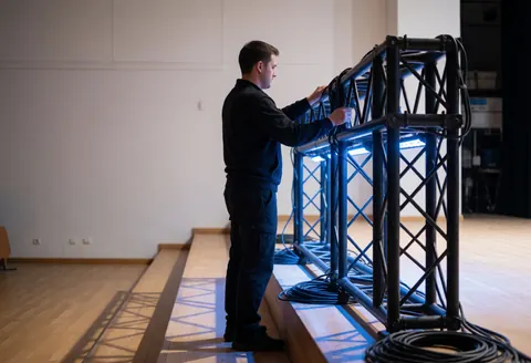 Un technicien ajuste une structure métallique d'éclairage sur la scène d'un auditorie vide, avec des câbles et des lumières bleues.