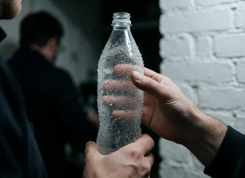 Des mains tiennent une bouteille en plastique couverte de gouttelettes de condensation devant un mur de briques blanches, avec un éclairage froid et réaliste.