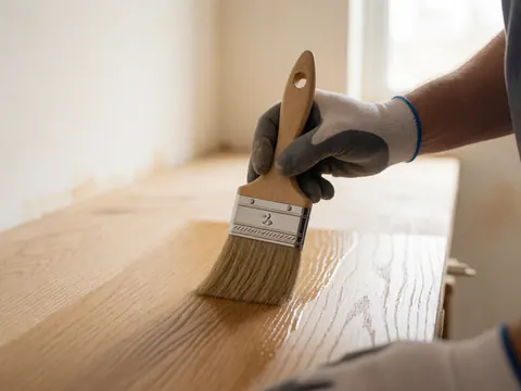 Gros plan d'une main portant un gant de protection en train d'appliquer du vernis sur une surface en bois de chêne dans un atelier.