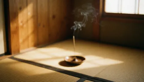 Encens allumé dans une boîte métallique posée sur un tatami. La lumière dorée du coucher du soleil éclaire le mur en bois et le sol, créant une ambiance relaxante.