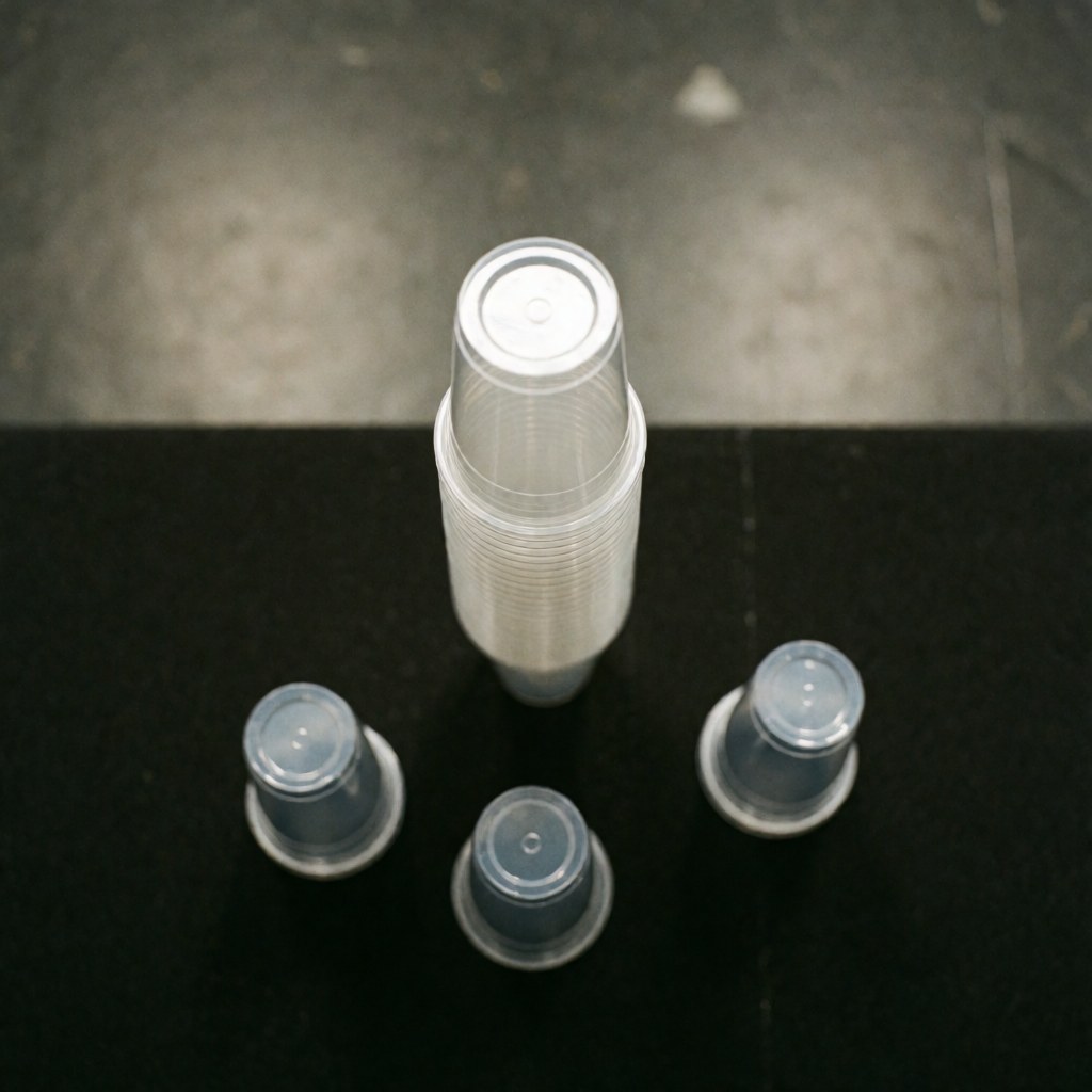 Gobelets en plastique empilés sur une surface noire mate, éclairage uniforme et flou d'arrière-plan pour événements ou restauration.