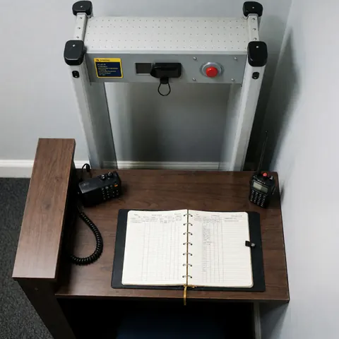 Vue de face d'une table en bois gris clair servant de poste de contrôle dans un centre de spectacles, sur laquelle sont posés un détecteur de métaux, une radio et un carnet ouvert.