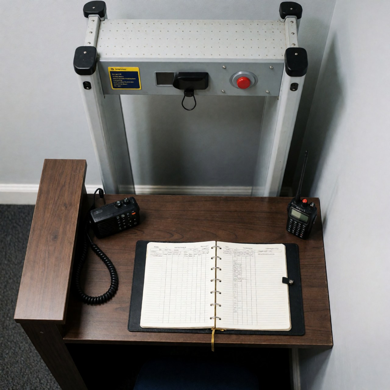 Vue de face d'une table en bois gris clair servant de poste de contrôle dans un centre de spectacles, sur laquelle sont posés un détecteur de métaux, une radio et un carnet ouvert.