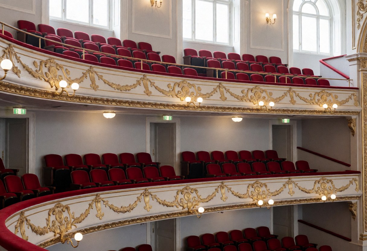 Balcons de théâtre vides avec des sièges rouges, des garde-corps dorés et des murs gris, éclairage naturel par des fenêtres hautes, idéal pour promouvoir des événements culturels.