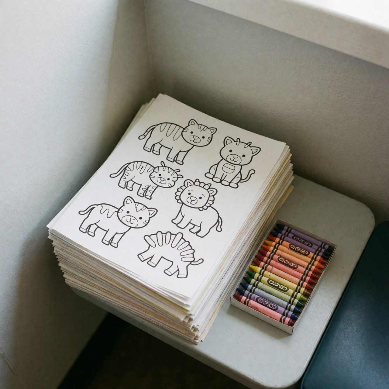 Pile de livres à colorier illustrés d'animaux accompagnée d'une boîte de crayons posée sur une table en bois dans une salle.