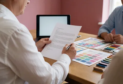 Un coordinateur de fêtes examine un document avec un stylo, entouré d'échantillons de couleur et d'un ordinateur portable sur une table en bois, devant un mur rose poudré.