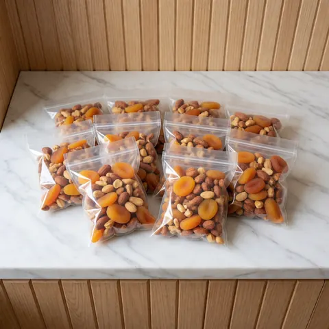 Des sachets transparents contenant un mélange de fruits secs posés sur un comptoir en marbre blanc, avec un mur en lattes de bois clair et une lumière naturelle douce.