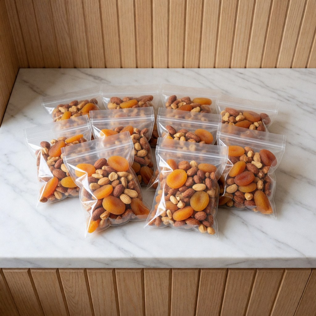 Des sachets transparents contenant un mélange de fruits secs posés sur un comptoir en marbre blanc, avec un mur en lattes de bois clair et une lumière naturelle douce.