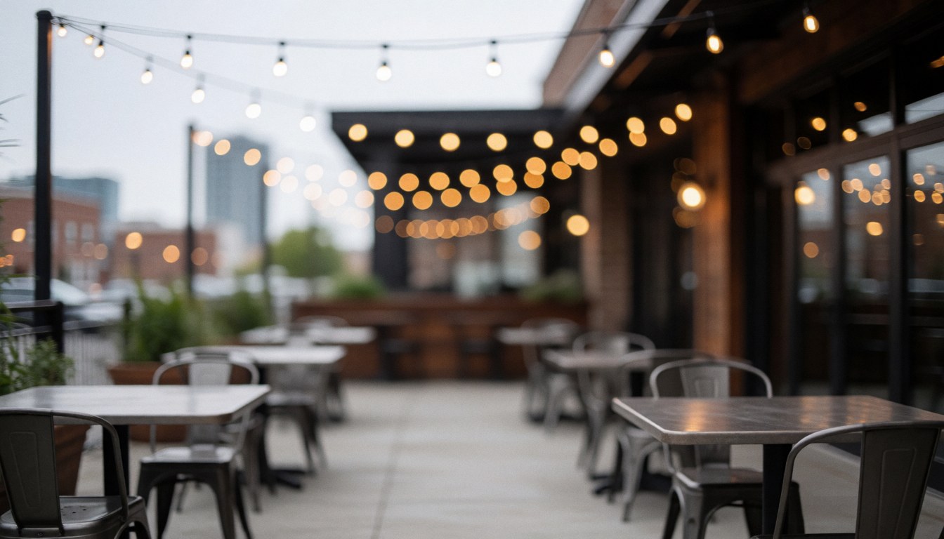 Terrasse extérieure équipée de tables et chaises en métal, éclairée par des suspensions lumineuses sur fond flou d'édifices urbains.