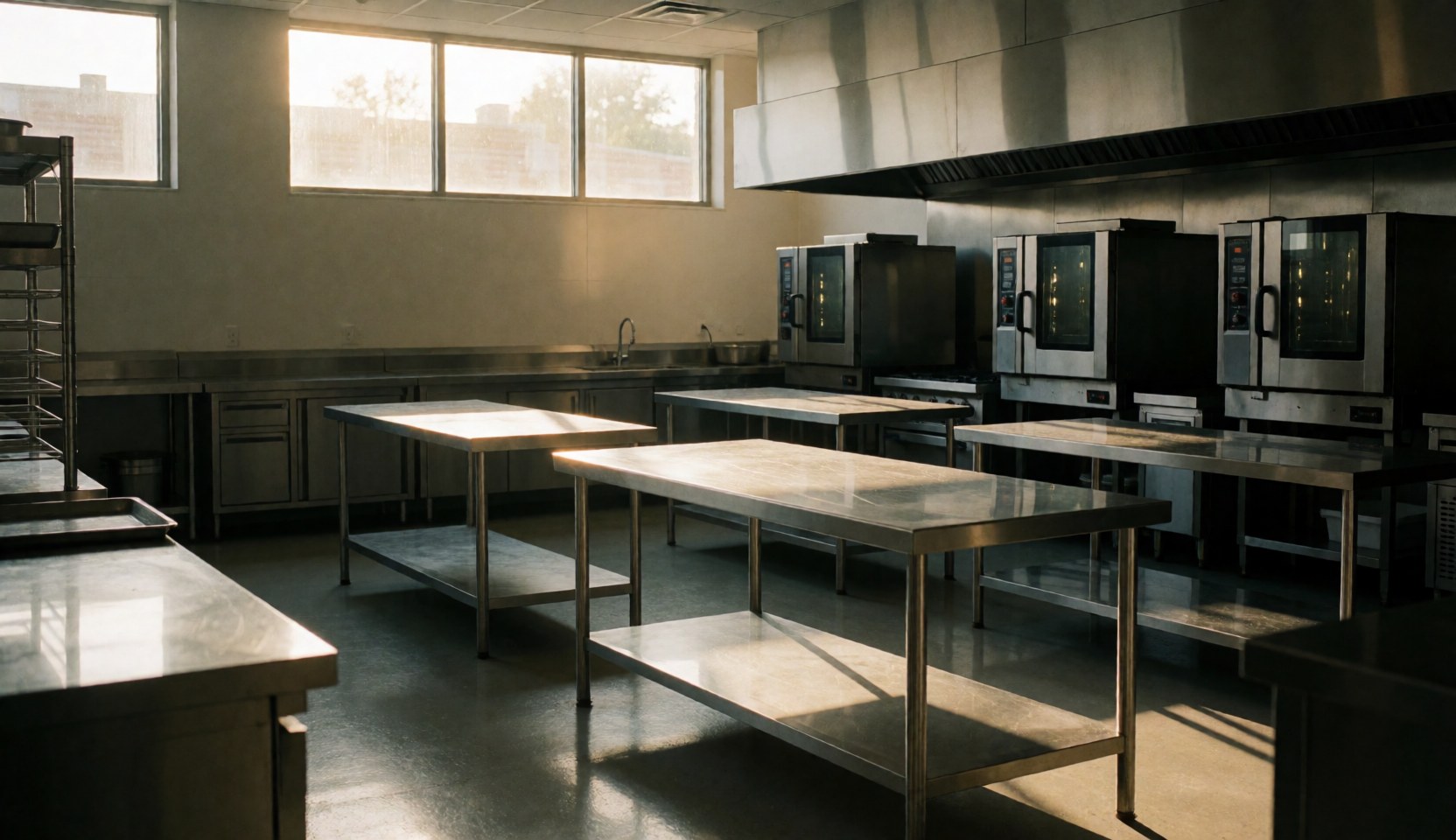 Cuisine commerciale propre et lumineuse équipée de tables en acier inoxydable, fours industriels et fenêtres laissant entrer la lumière naturelle.