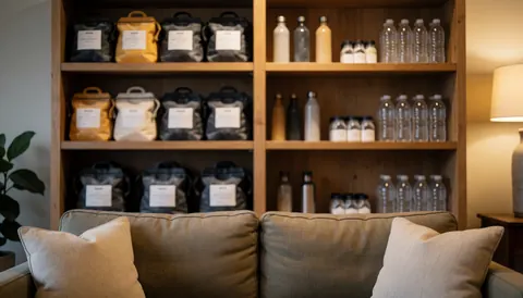 Arrière-plan d'intérieur avec étagère en bois contenant des sacs de magnésie et des bouteilles d'eau, un canapé et une lumière chaude créant une ambiance confortable.
