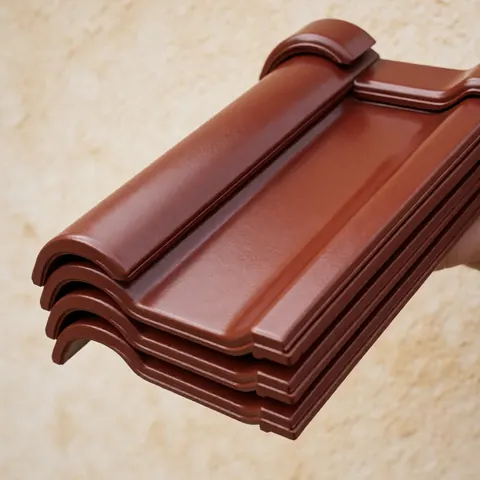 Des tuiles en céramique marron foncé brillantes empilées et tenues par une main sur un mur beige enduit.