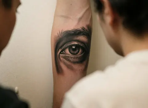 Gros plan d'un tatouage réaliste d'œil sur un bras, détaillant les cils, la sourcille et les ombres. Deux personnes observent la scène depuis l'arrière-plan devant un mur blanc.