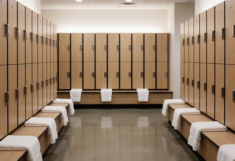 Vestiaire moderne avec casiers en bois, bancs, serviettes blanches pliées, sol poli et éclairage au plafond, ambiance propre et professionnelle.