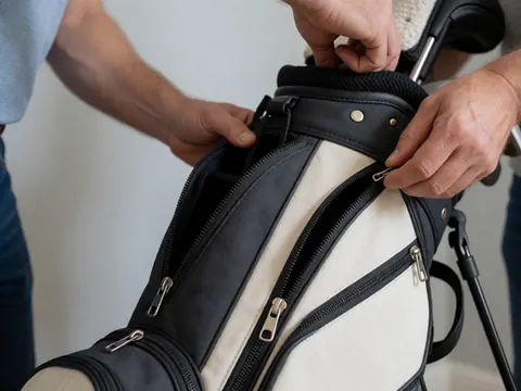 Gros plan sur des mains fermant la fermeture éclair d'une poche de sac de golf, sur un fond gris clair. Idéal pour le matériel de golf.
