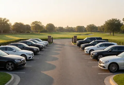 Vue du parking d'un club de golf privé avec des véhicules de luxe, des pelouses vertes en arrière-plan et la lumière dorée du coucher de soleil créant une ambiance calme.
