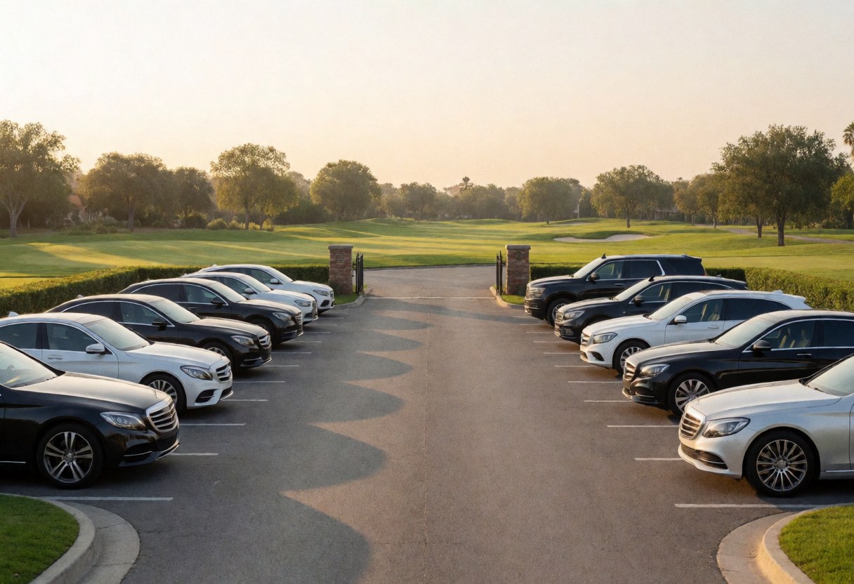 Vue du parking d'un club de golf privé avec des véhicules de luxe, des pelouses vertes en arrière-plan et la lumière dorée du coucher de soleil créant une ambiance calme.