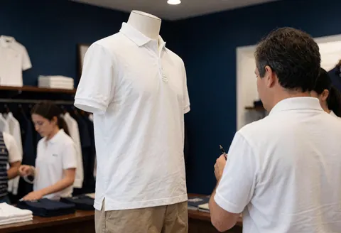 Un vendeur se tient dans un magasin de golf, présentant une chemise blanche exposée sur un mannequin. L'arrière-plan montre des vêtements et un environnement professionnel et propre.