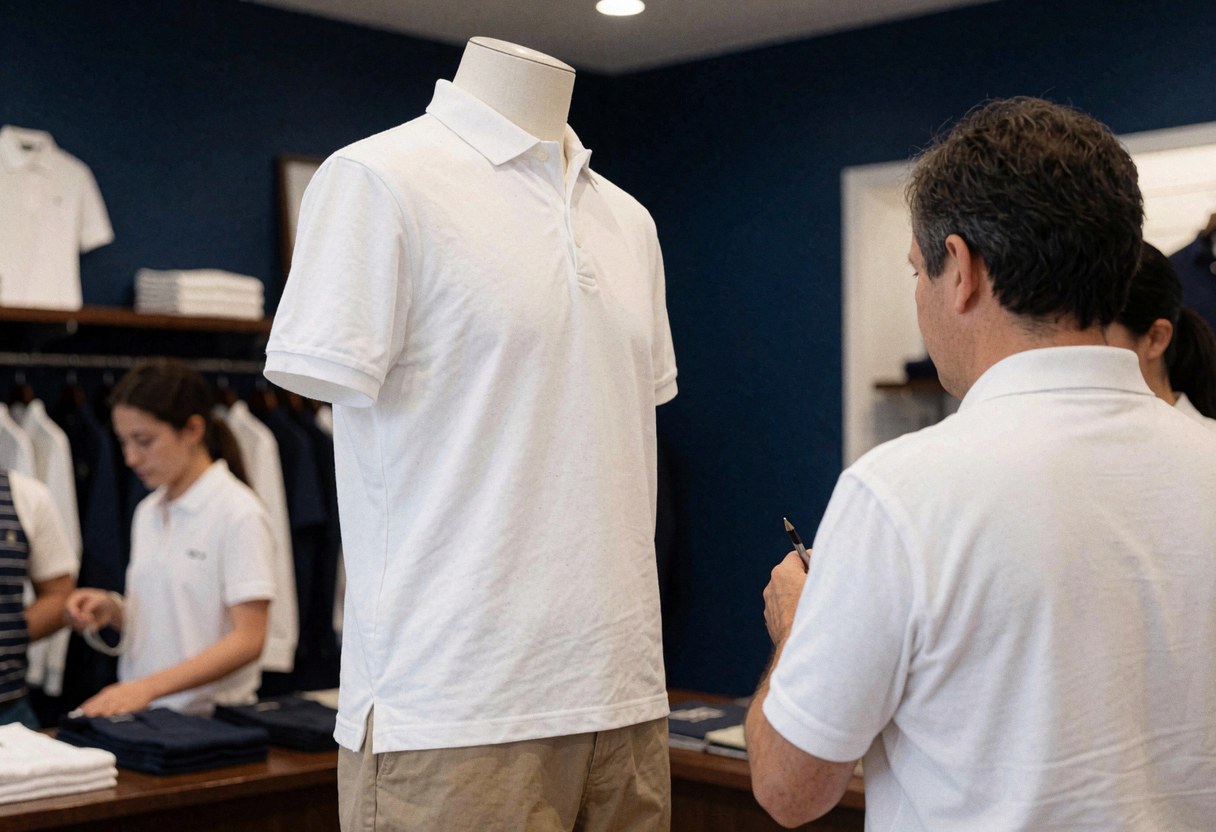 Un vendeur se tient dans un magasin de golf, présentant une chemise blanche exposée sur un mannequin. L'arrière-plan montre des vêtements et un environnement professionnel et propre.