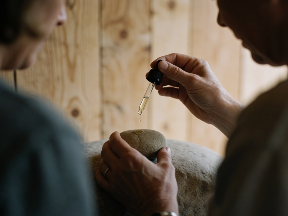Des gouttes d'huile essentielle tombent sur une pierre avec des mains travaillant sur un fond en bois pour une scène de spa relaxante.
