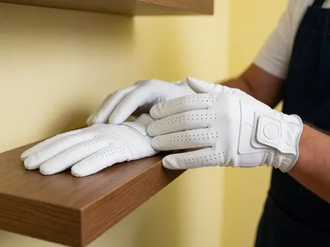 Un adulte présente une paire de gants de golf blancs posés sur un support en bois, avec des murs crème et des détails de couture visibles.