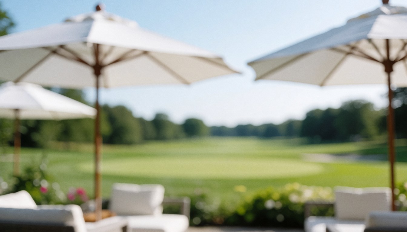 Terrasse de golf avec des ombrelles blanches et une pelouse verte floue, idéale pour du texte ou des événements en plein air.
