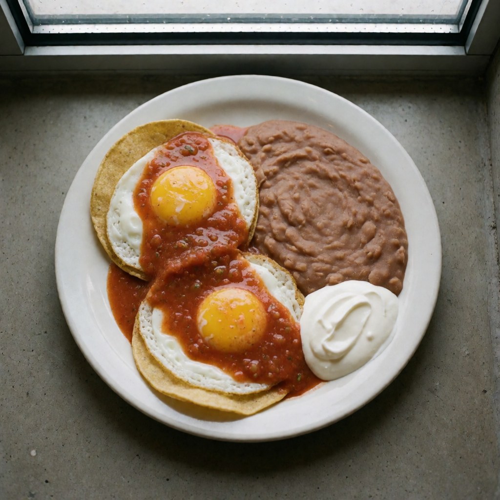 Assiette blanche contenant deux oeufs au plat dans des tortillas, accompagnés de sauce rouge, haricots et crème, éclairée par la lumière naturelle d'une fenêtre sur fond de béton.