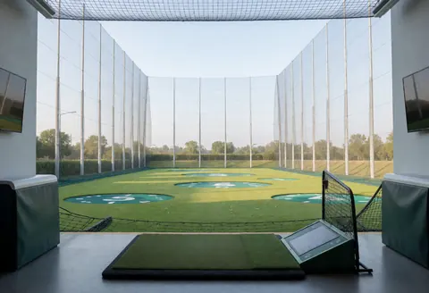 Zone d'entraînement de golf équipée de cibles numérotées, de grands filets de protection et d'un gazon vert, idéale pour s'entraîner aux coups avec des lanceurs automatiques.