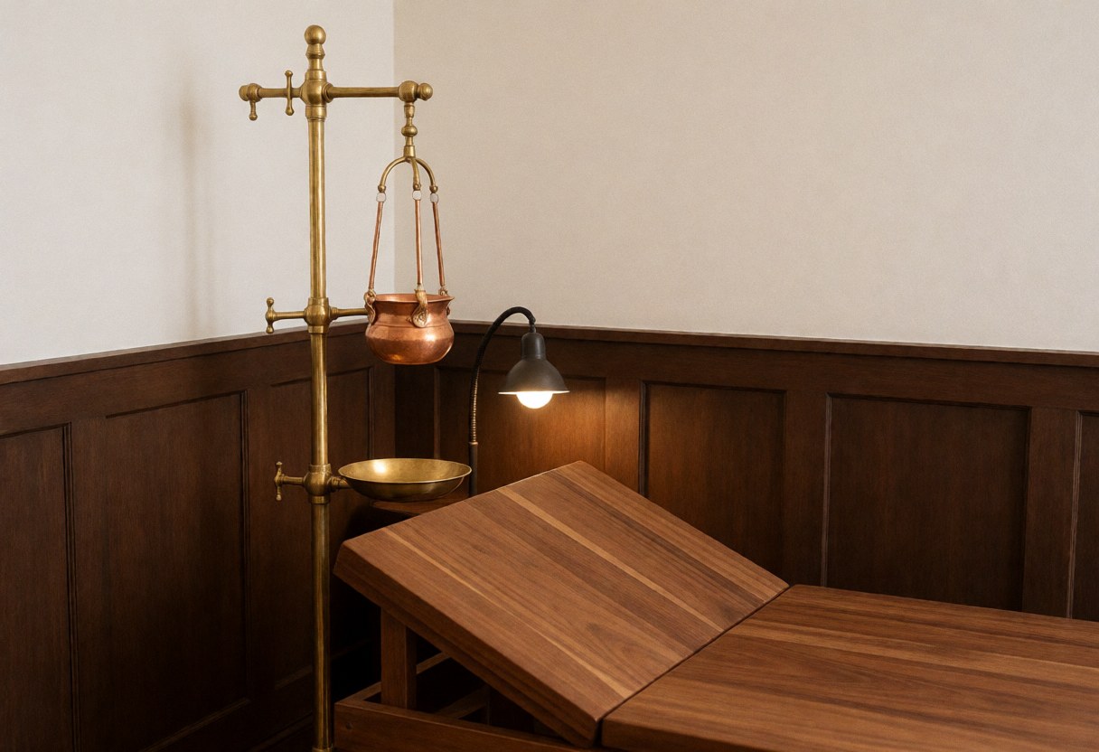 Équipement de massage ayurvédique shirodhara avec support en bronze et table en bois dans un coin aux murs sombres et à la lumière chaude.
