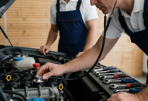 Un mécanicien professionnel utilise un stéthoscope pour diagnostiquer un moteur. Des outils sont posés sur une table dans un atelier avec un mur en bois.