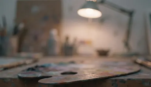 Palette en bois contenant des pigments de peinture mélangés posée sur une table de travail dans un atelier, avec une lampe de bureau et un fond chaud flou.