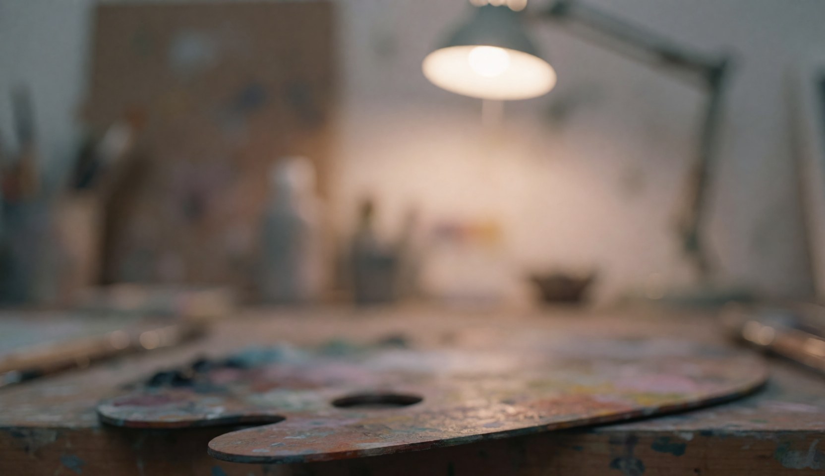 Palette en bois contenant des pigments de peinture mélangés posée sur une table de travail dans un atelier, avec une lampe de bureau et un fond chaud flou.
