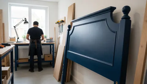 Atelier d'upholsterer avec une tête de lit bleue restaurée, menuisier travaillant dos tourné, lumière naturelle par la fenêtre, ambiance professionnelle et propre.