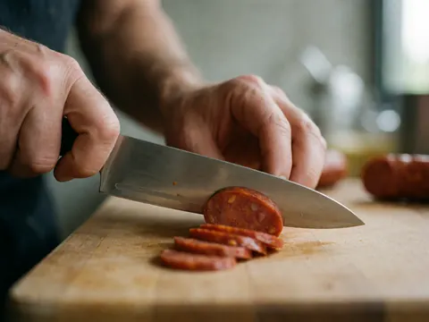 Des mains utilisent un couteau aiguisé pour couper du chorizo sur une planche en bois, avec une texture visible et une illumination naturelle.