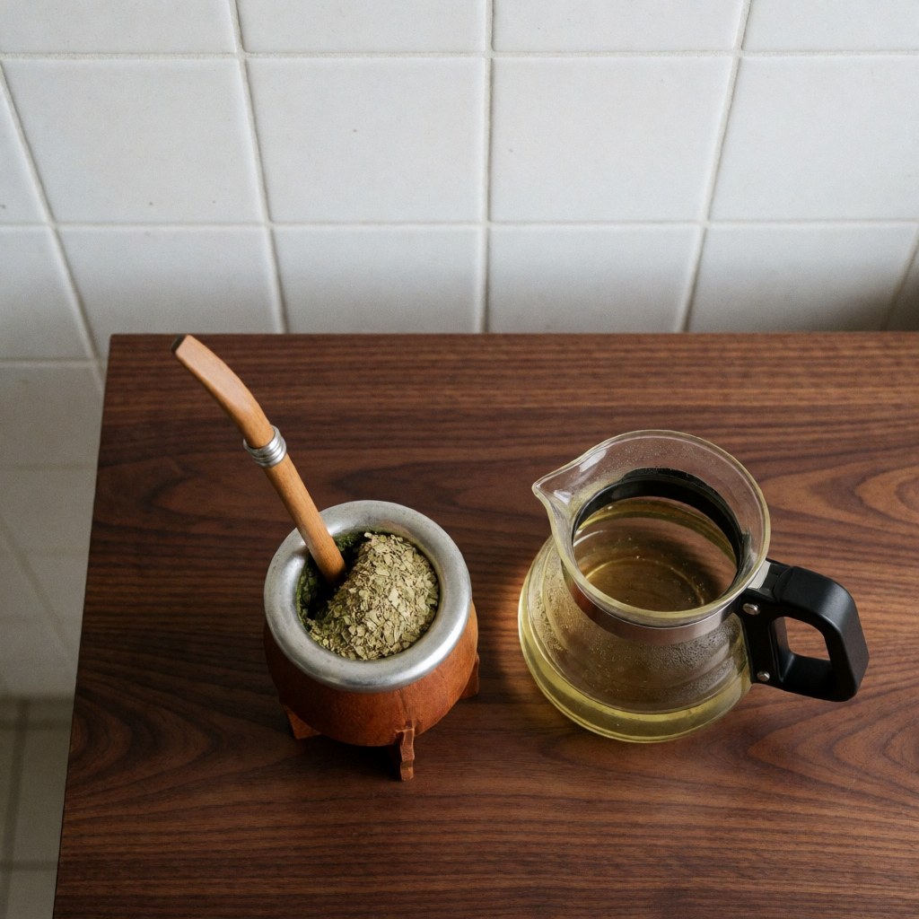 Gourde en yerba mate accompagnée d'une bombilla posée sur une table en bois foncé, éclairage naturel et fond blanc.